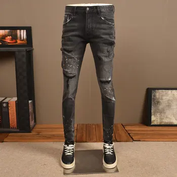 High Street Mode Moške Jeans Retro Črno Siva Stretch Fit Slim Ripped Kavbojke Moški Naslikal Oblikovalec Hip Hop Letnik Traper Hlače