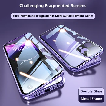 Magnetni Absorpcije Kovin Snap Zaklepanje Primeru, 360 °, obojestransko Steklo Objektiva Kamere Zaščito Zajema, iPhone 14,13,12 Mini,11 Pro Max