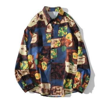 LACIBLE Moda Letnik Mozaik Grafiti Priložnostne Dolg Rokav Gumb Majica Bluzo Vrhovi Moške Poletne Vroče Prodaje Majica Za Moške, Ženske