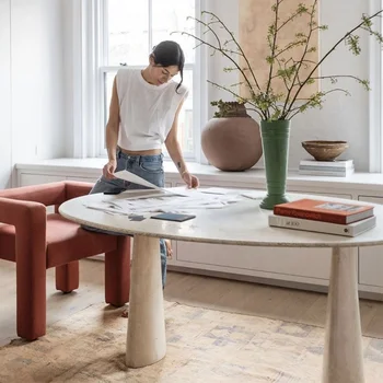 Nordijska luksuzni dolgi mizi jedilnica industrijske moderne bela naravnega marmorja, lehnjaka in jedilno mizo debelo prilagajanje