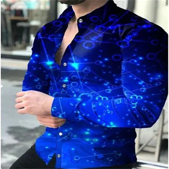 Moška Majica Graphic T-Shirt Gradient Modra 3D Tiskanje Zunanji Dolg Rokav Gumb River Oblačila, Modno Oblikovanje Priložnostne Dihanje