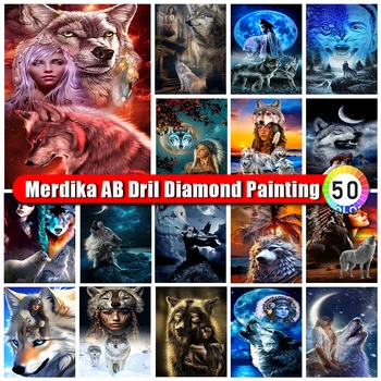 Merdika AB Diamond Slikarstvo Živali Volk in Dekle Diamond Mozaik Portret Nosorogovo Vezenje Celoten Kvadratni Krog Navzkrižno Šiv