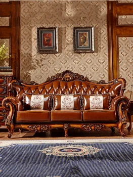 Evropski usnjeni kavč 123 kombinacija Ameriške masivnega lesa, dnevna soba retro luksuzne vile luksuzni usnjeni kavč celoten sklop
