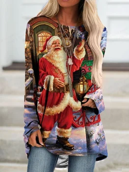 Vesel Božič Grafika, tiskanje Ženske T-shirt Santa Claus Snežaka Tshirt Dolg Rokav Vrhovi Žensk Pade Jeseni Tops S-5XL