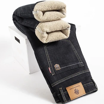 CUMUKKIYP Moda za Moške Zimske Kavbojke v Ravne noge Design s Flis Podloga za Dodatno Toplino in Udobje