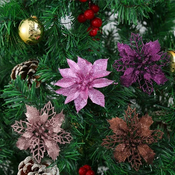 1PC Božič Umetno Cvetje Bleščice Poinsettia Christmas Tree Okraski Ornament Ponaredek Cvet svate Novo Leto Dekor